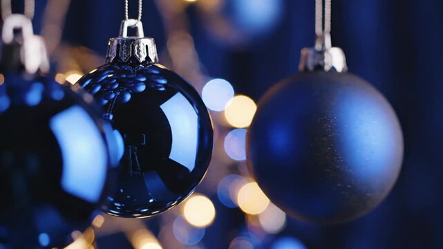 Slow motion close up of reflective blue Christmas baubles gently rotating against a rich, blurred indigo backdrop with soft bokeh lights detail, luxury, tone