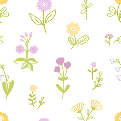 Fototapeta premium Boho spring flower seamless pattern. Hand drawn summer floral backdrop. Perfect for textile, fabric or nursery wallpapers. Vector illustration, white background.