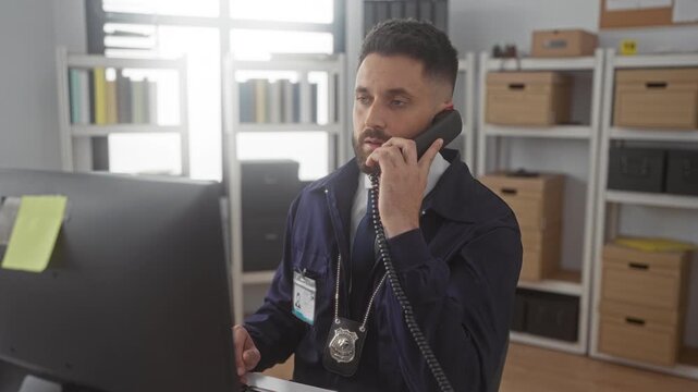 Man holding phone to ear and typing at computer with badge visible in office building; investigation duty focused.