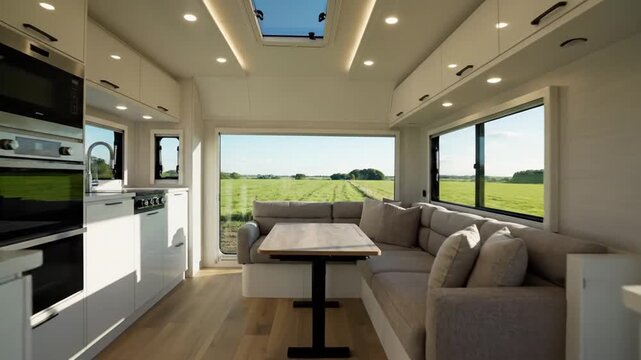Modern RV interior with kitchen, dining, and living areas, overlooking green landscape through large windows