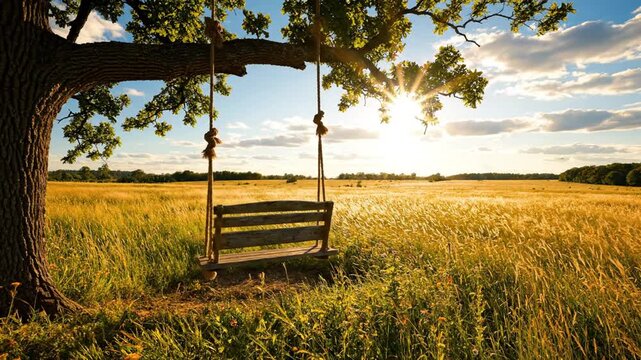 Weathered wooden swing hanging from sturdy tree in sunlit field
