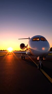 Private jet on airport runway at sunset, preparing for departure