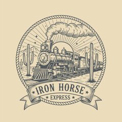Iron Horse Express: A vintage illustration of a steam train chugging across a desert landscape, framed within a circular emblem that evokes a sense of nostalgia for classic rail travel. © Ahmed