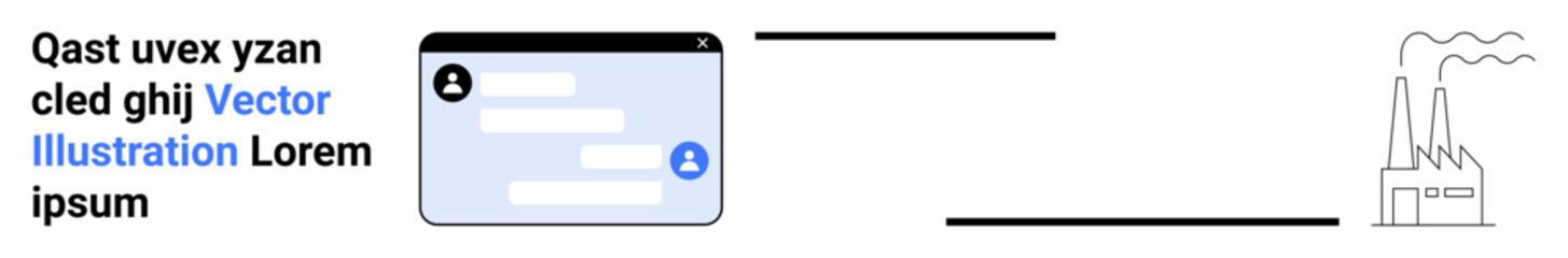 Fototapeta premium Digital communication, industrial connection, remote networking, technology integration, eco-awareness, workplace innovation. Chat window with a profile icon linked to a factory. Digital