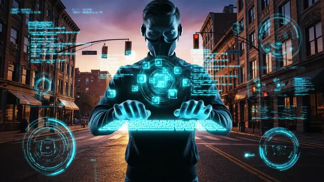 Haunting Cybersecurity Scene of a Hacker Typing Glowing Keyboard in Dim City Setting