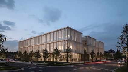 Obraz premium Modern Office Building Facade at Dusk with Cars