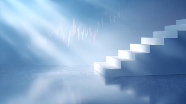 Clean white stair steps with soft light rays and financial graph in background symbolizing growth and success
