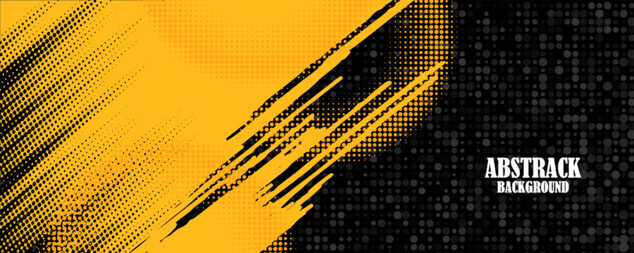 Black and yellow abstract background with brushstroke and halftone style.