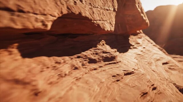 Slow motion close up shot detailing the rough texture and intricate layers of ancient red sandstone rock formations in the scorching desert sun buttes, southwest, ancient red sandstone rock