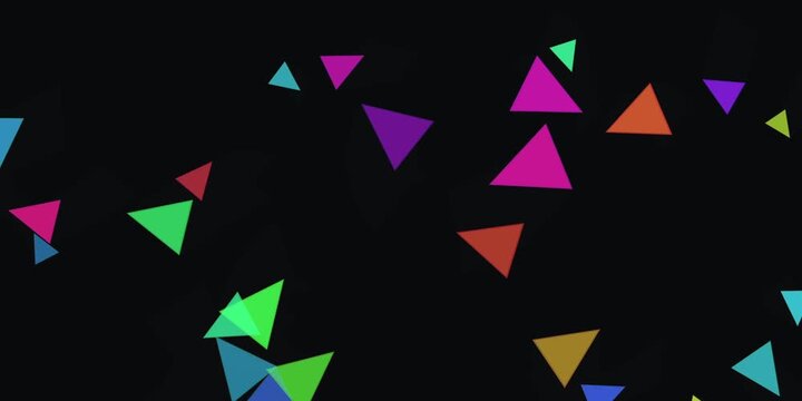 Vibrant 3D animation of colorful triangular shapes floating in a dark environment from a dynamic viewpoint