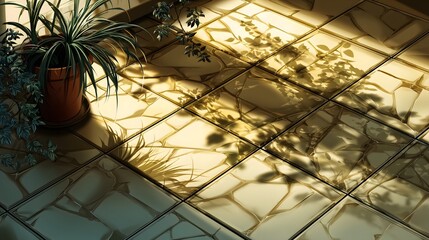 Sunlit plant shadows on tiles