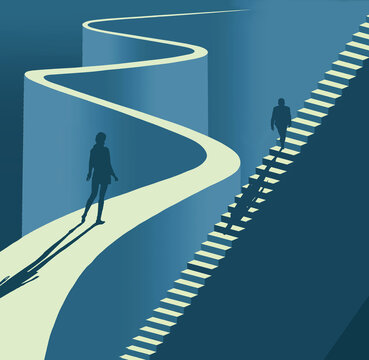 Two paths in life led this couple in different directions. That is the theme of this 3d illustration of a winding road and steep stairway.
