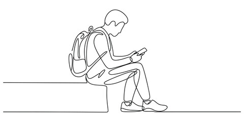 One line drawing of student with backpack using smartphone