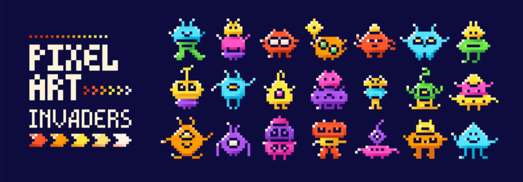 Pixel art color characters monsters. 8-bit game images of cute aliens.