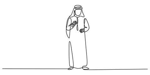 Fototapeta premium Continuous line drawing of arab man presenting with microphone