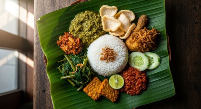 Indonesian Nasi Campur: Rice, Fried Chicken, Vegetables, and Sambal on Banana Leaf