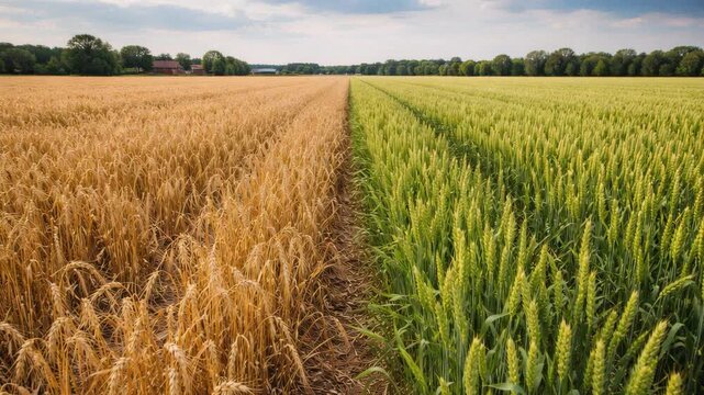 A beautiful photorealistic 3D landscape animation traveling smoothly over a dual field of golden ripe wheat and lush green corn crops under a bright sky. The continuous rural scene loops seamlessly.