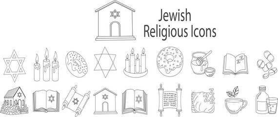 Fototapeta premium Minimalist vector line art set of Jewish religious icons including Hanukkah candles and Torah scrolls