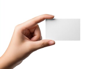 Obraz premium Human hand holding a blank rectangular card, isolated on a white background