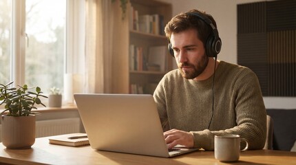 Young man working on laptop while wearing headphones at home  