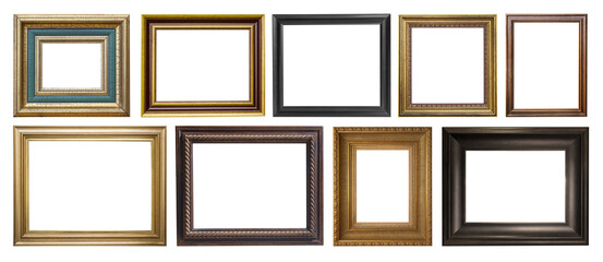 Set of assorted classic empty picture frames with wood and gold textures