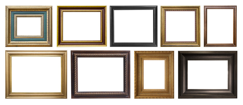 Set of assorted classic empty picture frames with wood and gold textures