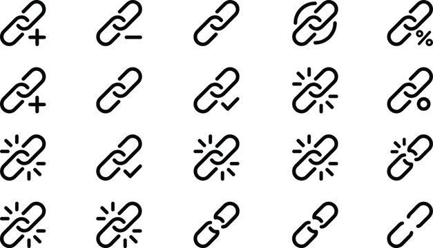 Link chain icons set, hyperlink connection symbols, broken link, add remove URL, web interface vector illustration collection isolated