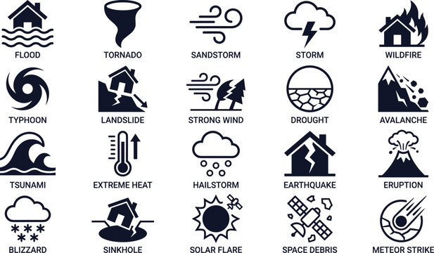 Natural disaster icons set with flood tornado earthquake wildfire storm vector illustration collection for emergency warning and climate safety design