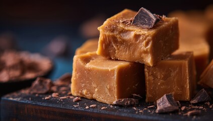 Decadent Stacked Caramel Fudge Cubes with Dark Chocolate Bits, Warm Lighting.