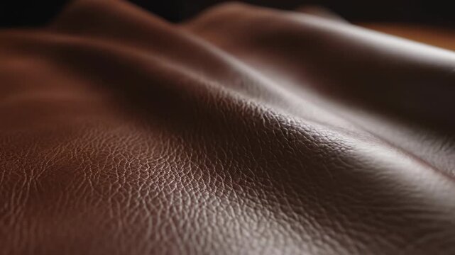 Slow motion close-up of a dark brown leather surface smoothly buckling and rippling highlighting its soft flexible quality premium quality, industrial, material science