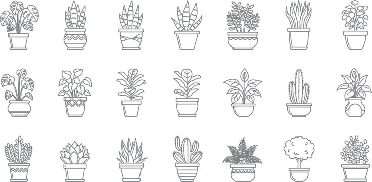 Collection of eighteen different houseplant icons featuring various foliage and succulent types displayed in distinct outline potted containers for home decoration concepts.