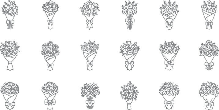 Collection of eighteen delicate black and white line art icons depicting various styles of beautifully wrapped floral bouquets suitable for many celebratory occasions