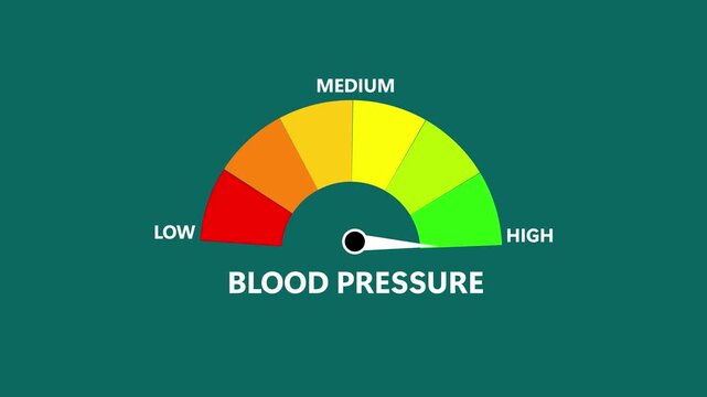 Blood Pressure Level Text or Word Low and Medium to High Meter Concept Animation. blood pressure levels with sections marked low to high, emphasizing health awareness and monitoring.