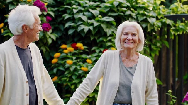 A heartwarming portrait of an elderly man and woman with white hair, dressed in elegant casual cardigans. They are standing close together, radiating joy and contentment against a soft-focus backgroun