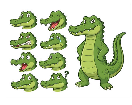 Funny Green Crocodile Cartoon Character Emoji Pack and Standing Mascot Pose