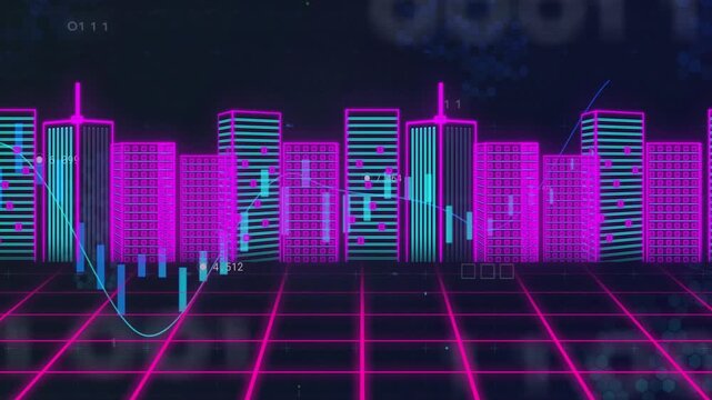 Cyan trace initiating animation, neon skyline showing moving bars and rising curve visualizing data
