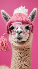 Obraz premium A funny alpaca wearing pink glasses and a pom-pom hat will be an original element for children's magazines or a cheerful background on social media, lifting the spirits of viewers.
