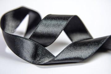 Elegant black satin ribbon isolated against white background close up