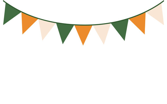 A garland of flags on a ribbon. Triangular flags isolated on a transparent or white background. Vector illustration. A close-up festive element for decorating St. Patrick's Day designs.