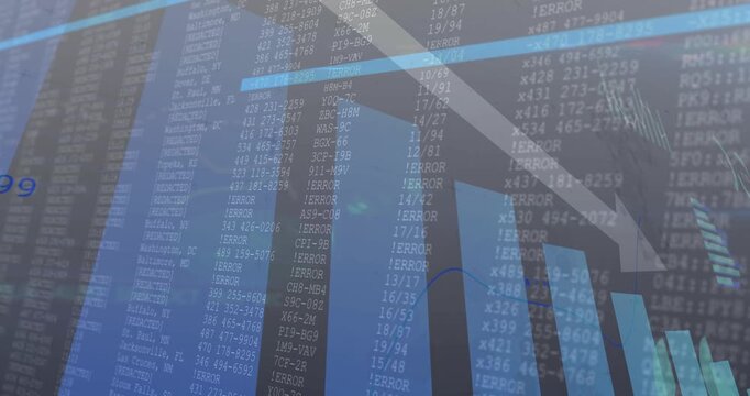 Financial chart animating on update bars filling arrow growing tickers scrolling indicating decline
