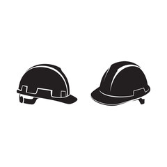 Two black silhouettes of construction hard hats against a white background