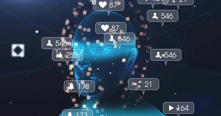 Floating blue wireframe head glowing and showing alert bubbles in virtual cyberspace with red nodes