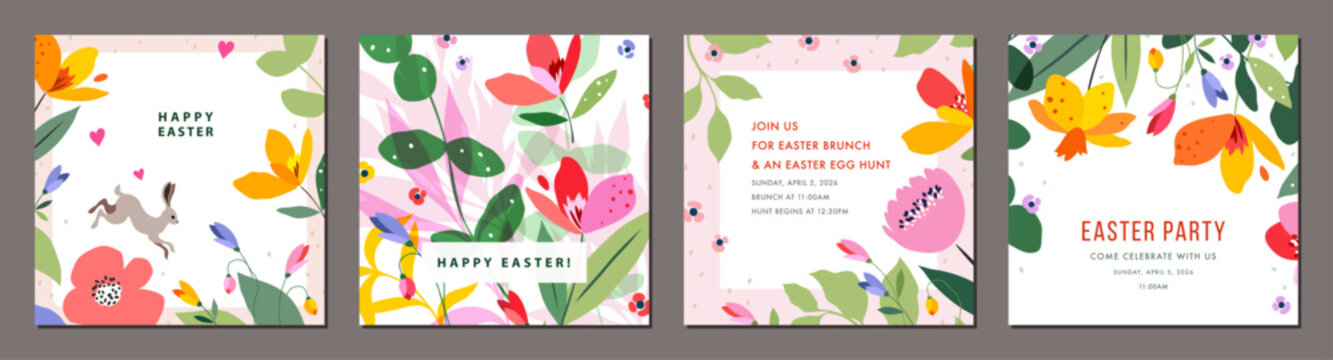 Easter square greeting cards, posters. Floral templates in vibrant colors with spring flowers, Easter bunny, floral frames and backgrounds. For Mother&rsquo;s Day, Birthday, Wedding, Baby invitations.