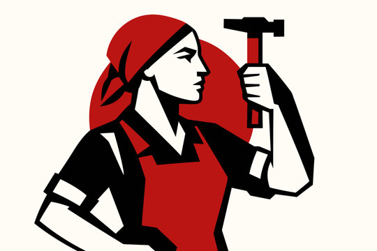 Female worker with hammer showing confidence against a bold red background