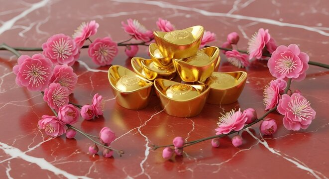 3D rendering of traditional Chinese gold sycee and blooming plum blossoms on a red marble surface, representing wealth and luck