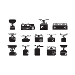 Variety of moka pots and espresso makers in a black and white illustration