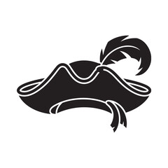 A black silhouette of a tricorn hat with a feather detail