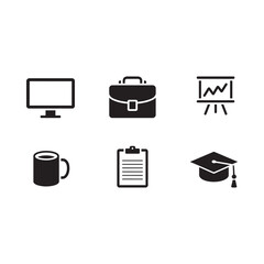 Black silhouette icons representing business education and technology concepts