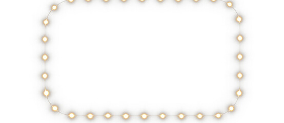 Golden marquee frame with glowing fairy lights and elegant festive border, luxury holiday decoration on transparent background © Victoria