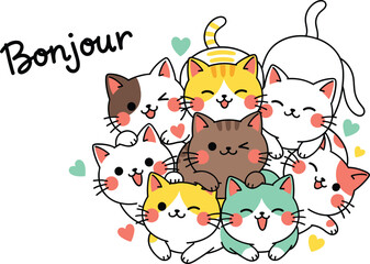 Hand-drawn multi-colored cat stack with French "Bonjour" typography for international friendship themes and pet lover posters © NR